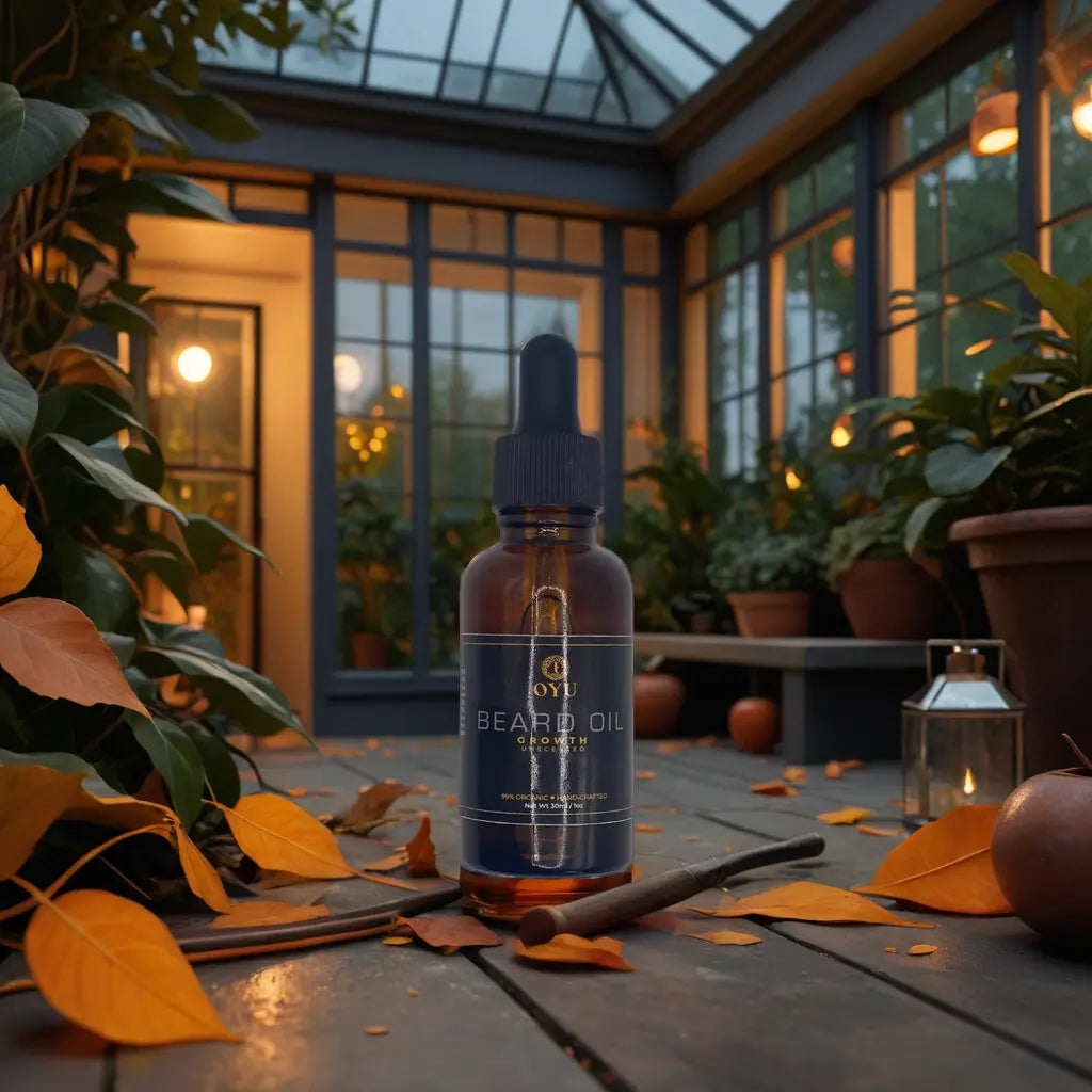 A tranquil glass patio adorned with potted plants and comfortable seating, with a bottle of Oyu Cosmetics Growth Beard Oil placed on a table, inviting relaxation and grooming in an outdoor setting.