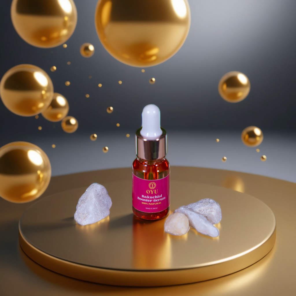 Bakuchiol Booster serum is in bubble and table top setting