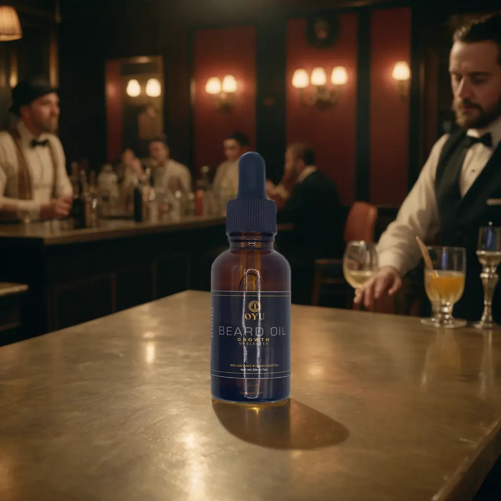 A man in a stylish bar setting, applying Oyu Cosmetics Growth Beard Oil, embodying confidence and sophistication in grooming.