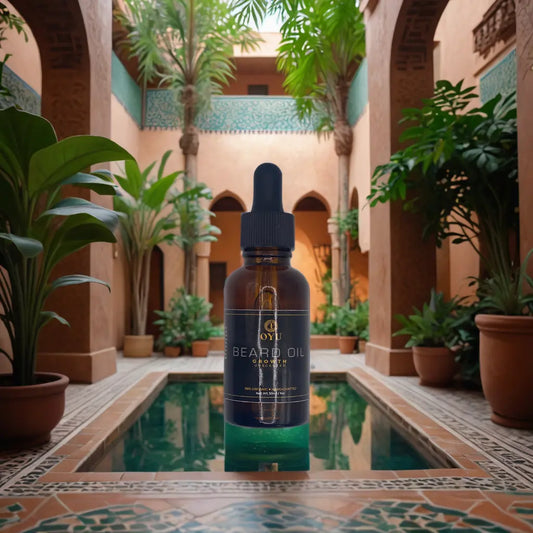 Oyu Cosmetics Growth Beard Oil - A bottle of beard oil with natural ingredients for nourishing and hydrating facial hair.