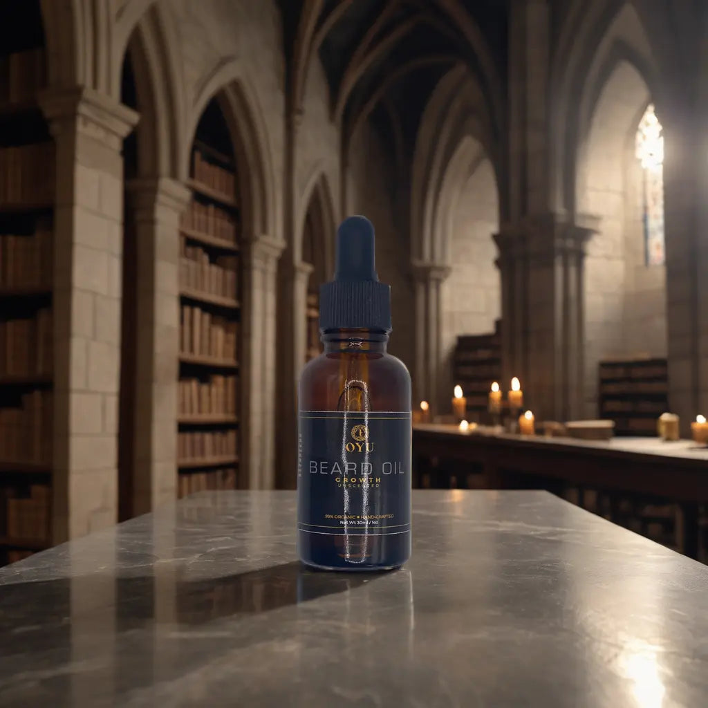 Beard oil standing amidst ancient stone arches, applying Oyu Cosmetics Growth Beard Oil, blending tradition with modern grooming rituals.