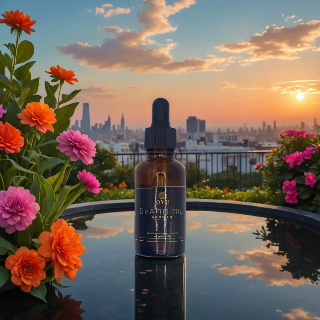 A serene scene with blue skies, vibrant flowers, and clear water, with beard oil applying Oyu Cosmetics Growth Beard Oil, evoking a sense of relaxation and natural beauty