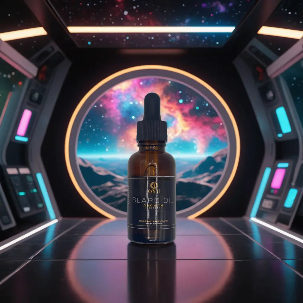 An empty alien ship interior with futuristic lighting, showcasing Oyu Cosmetics Growth Beard Oil as part of a sci-fi inspired grooming collection.
