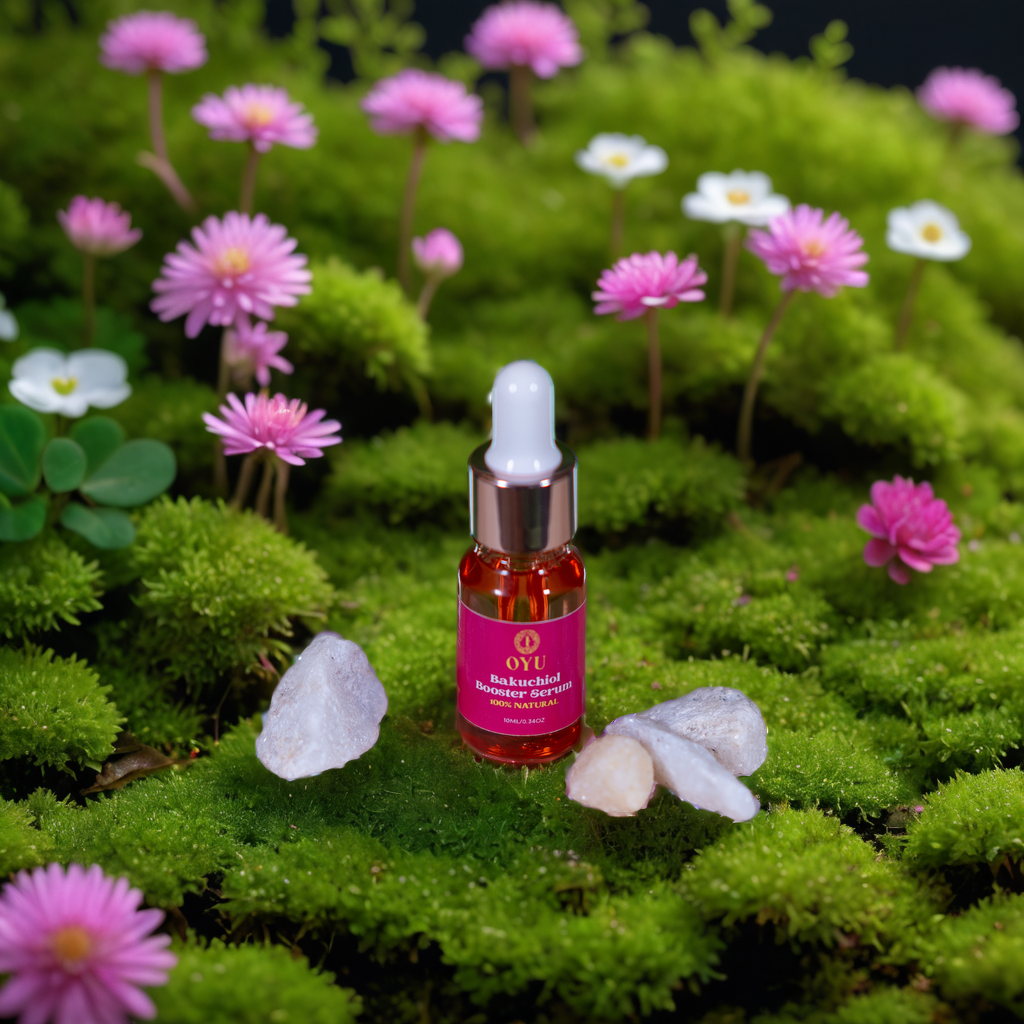 Bakuchiol booster serum in greenland with flowers