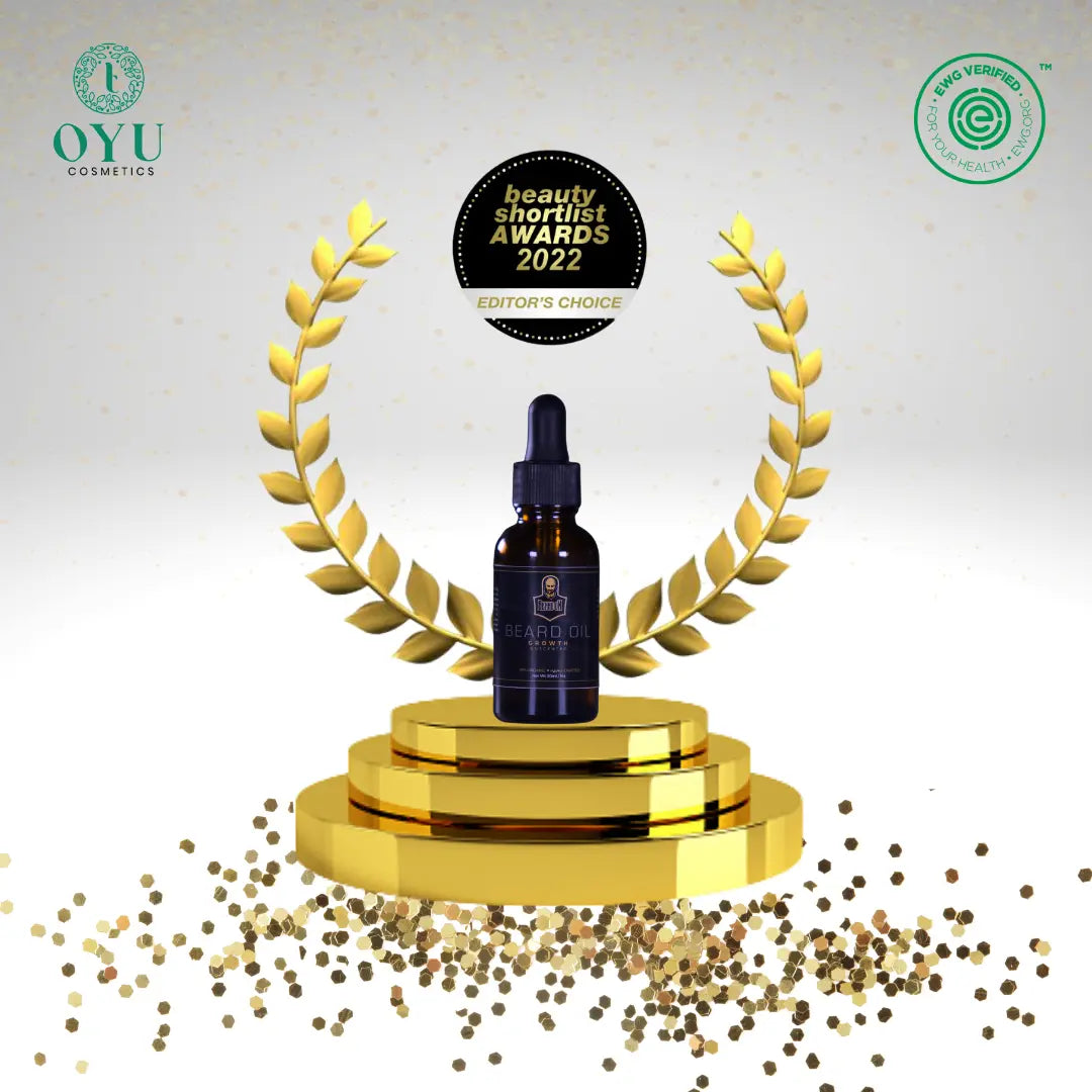 Oyu Cosmetics Growth Beard Oil - Winner of the Best Beard Care Product award, showcasing its premium quality and effectiveness.